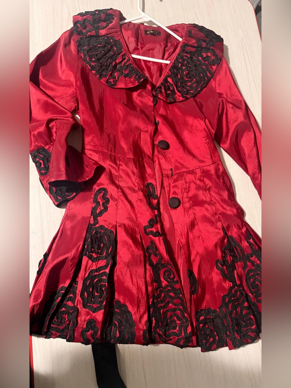 Red Satin Trench Coat with Black Floral Appliqué